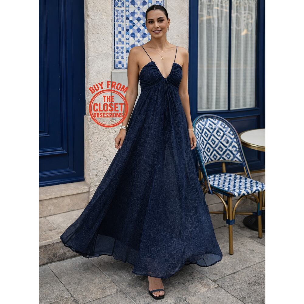 ZARA Draped V-Neck Maxi Dress NWT – Navy Blue Evening Gown, Size L & XL